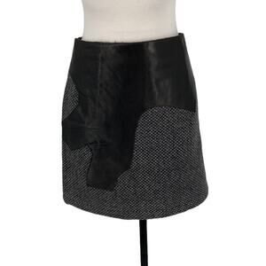 Tweed Wool Leather Skirt Hand Made Full Zip Gray Mini